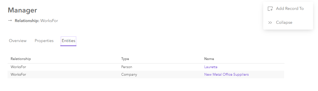 Content for a selected relationship on the Entities tab in the knowledge graph view Content for a selected relationship on the Entities tab in the knowledge graph view